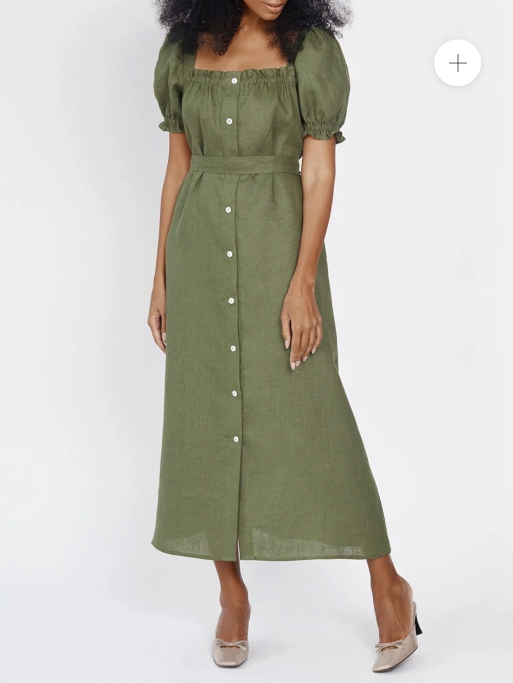 Sleeper Olive Green Puff-Sleeve Button-Front Midi Dress